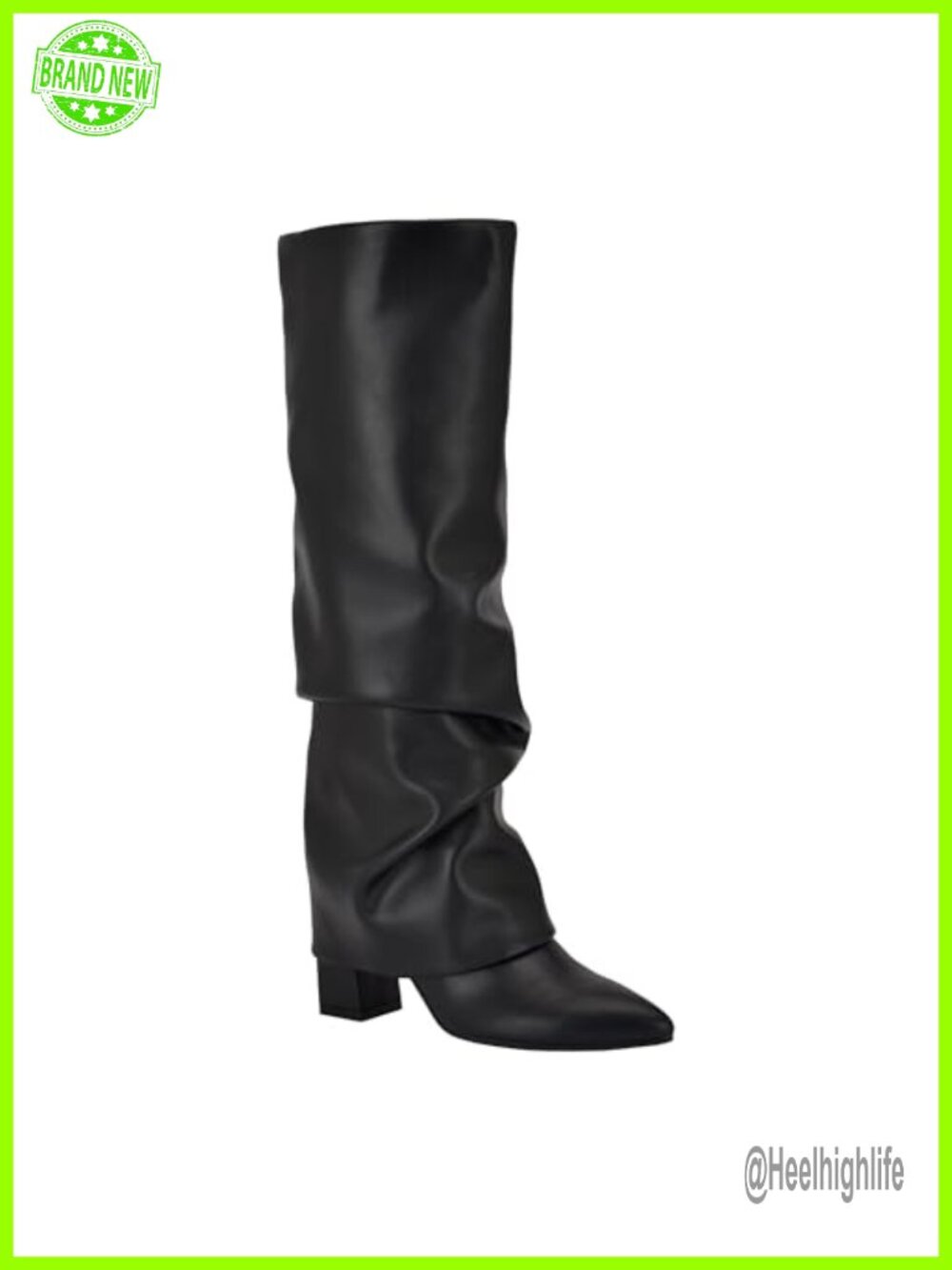 Wide Calf Faux Leather Knee-High Boots Pointed Toe Block Heel Pull-On